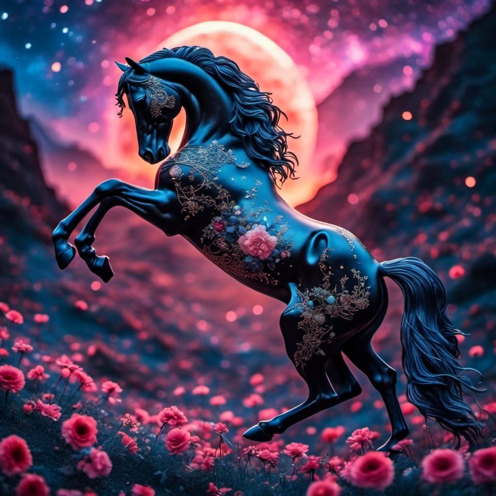 Friesian Horse Rearing in Hyperrealistic Art Nouveau Style