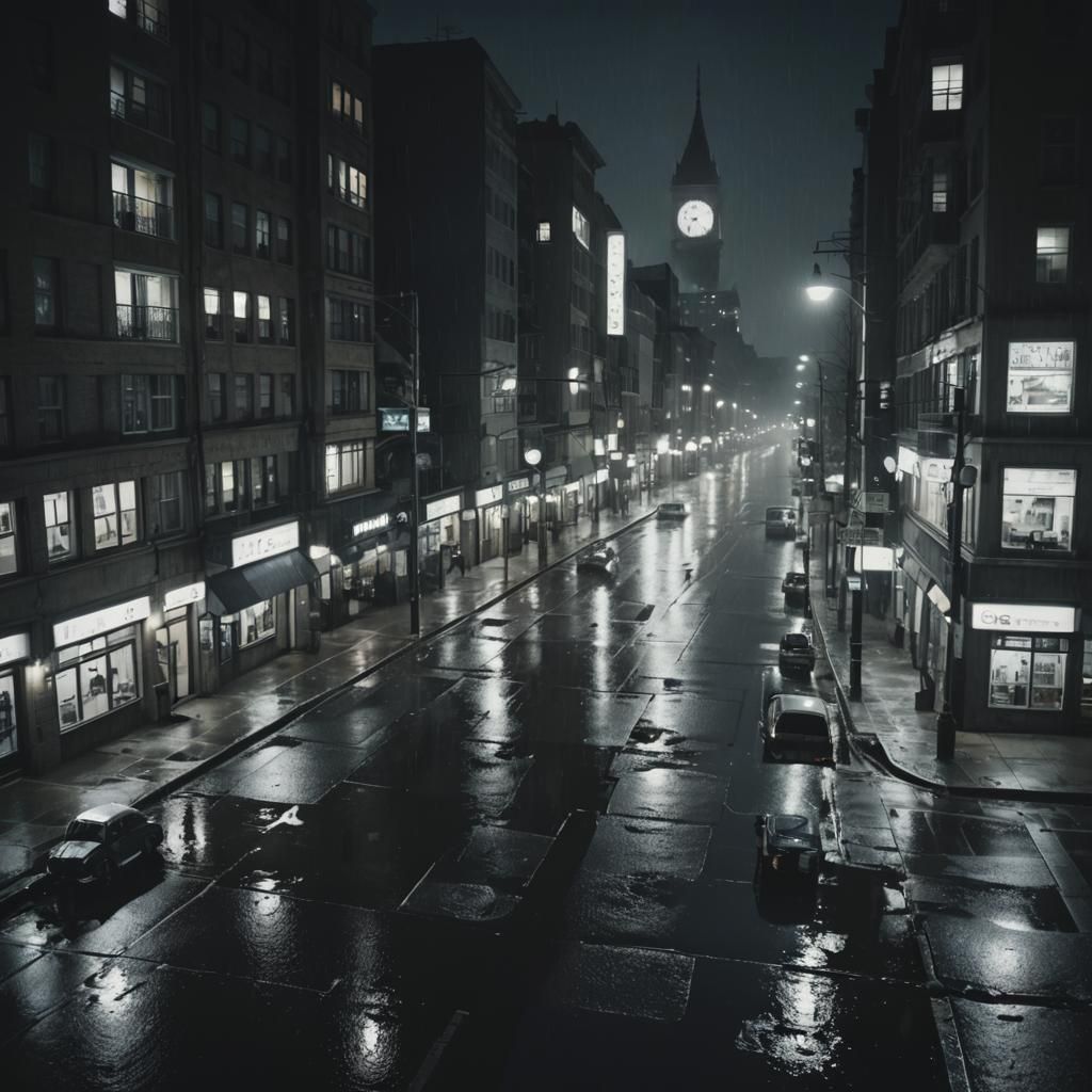 Noir Cityscape with Rain and Reflections