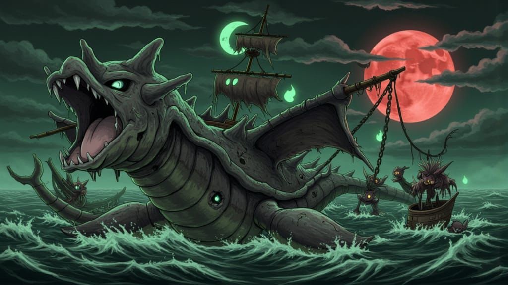 Undead Gyarados Under Sickle-Shaped Blood Moon