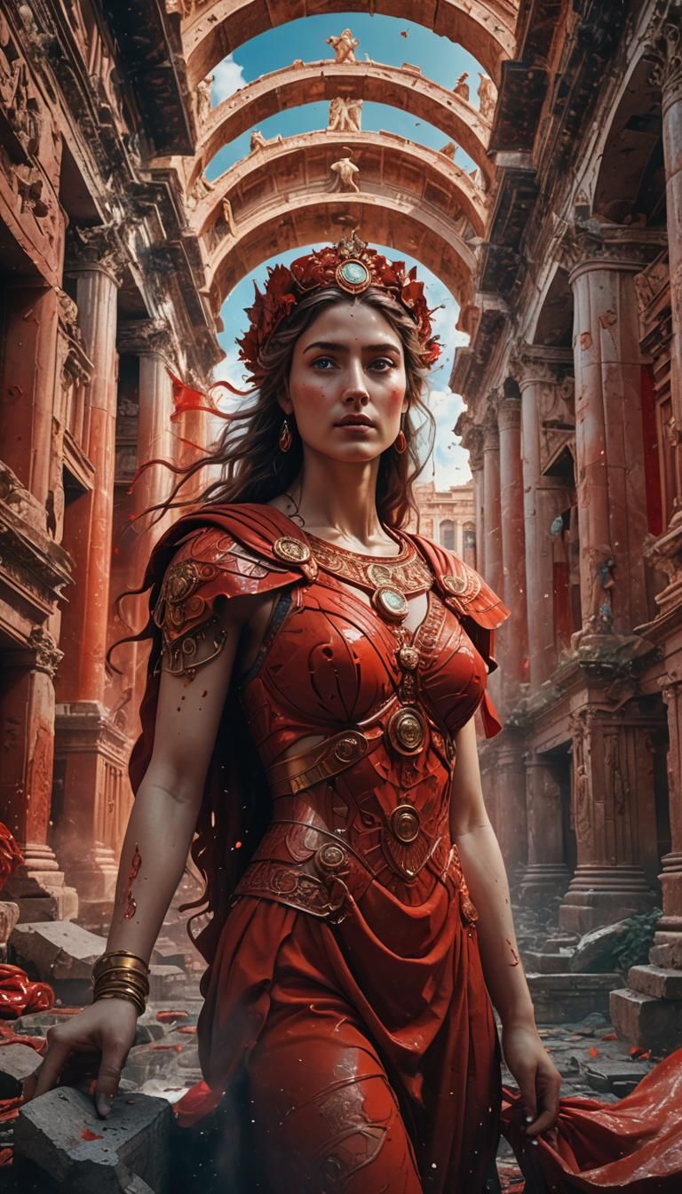 Goddess in Red: Psychedelic Roman Cityscape