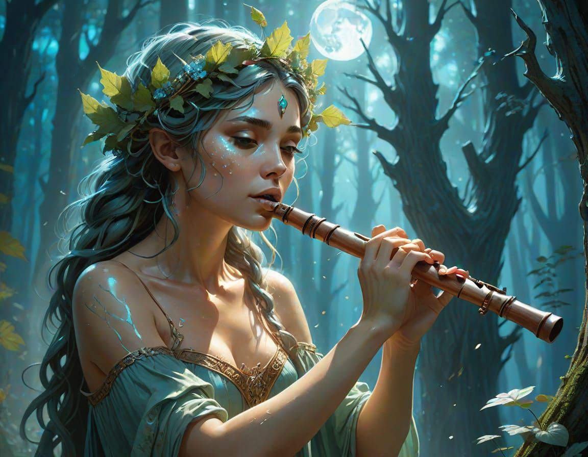 Dryad Playing Flute with Dancing Pixies in Moonlit Forest