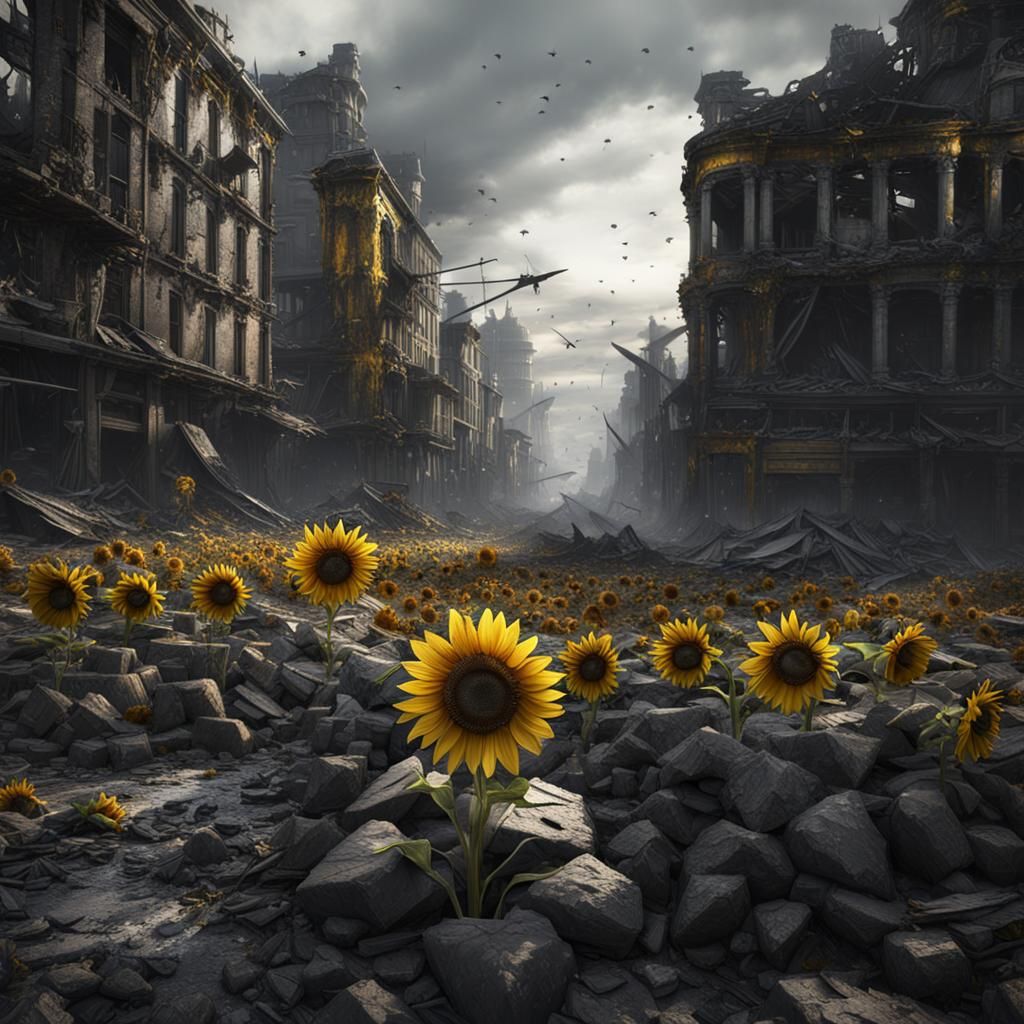 Sunflower Blooms in War-Torn City: Matte Painting