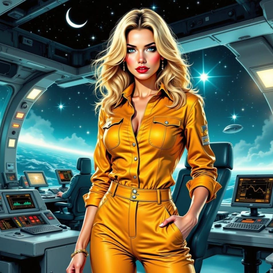 Blond Woman in Spaceship Control Room, Comic Book Art