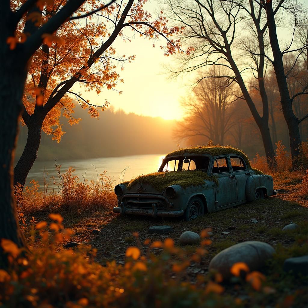 Abandoned Car in Autumn Woods: a Digital Painting