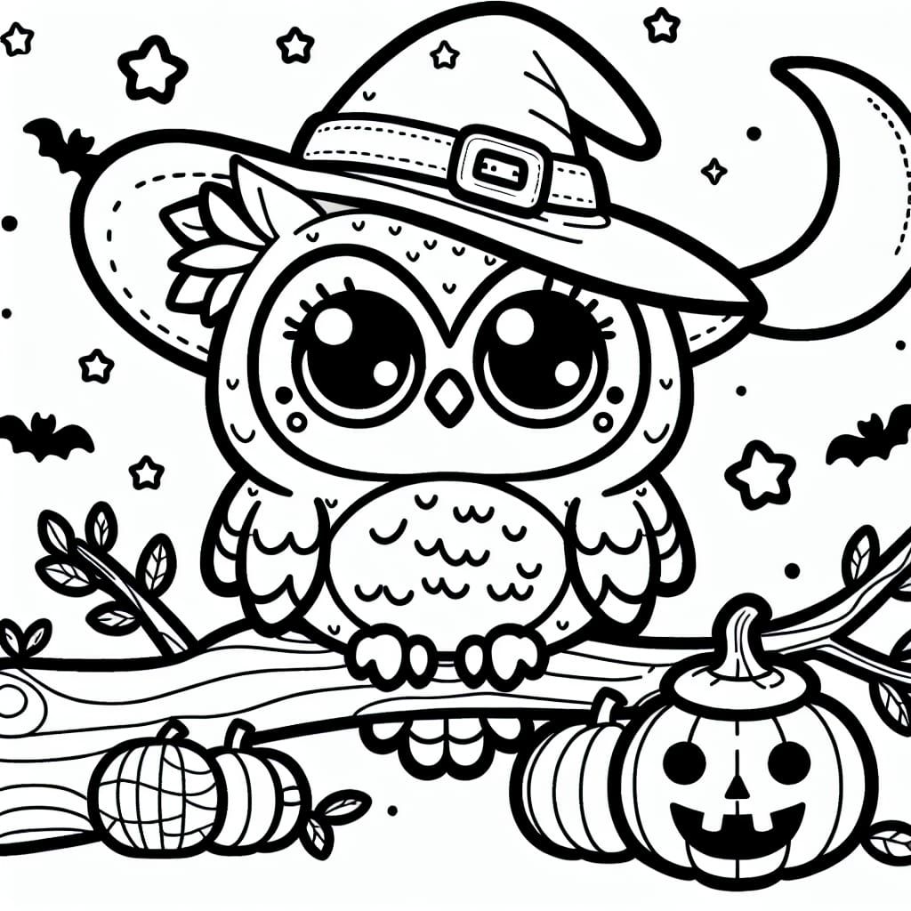Kawaii Halloween Owl Coloring Page Illustration