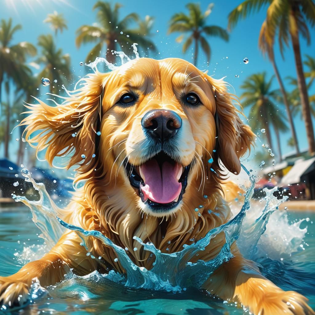 Golden Retriever Splashing: Hyperrealistic Digital Art