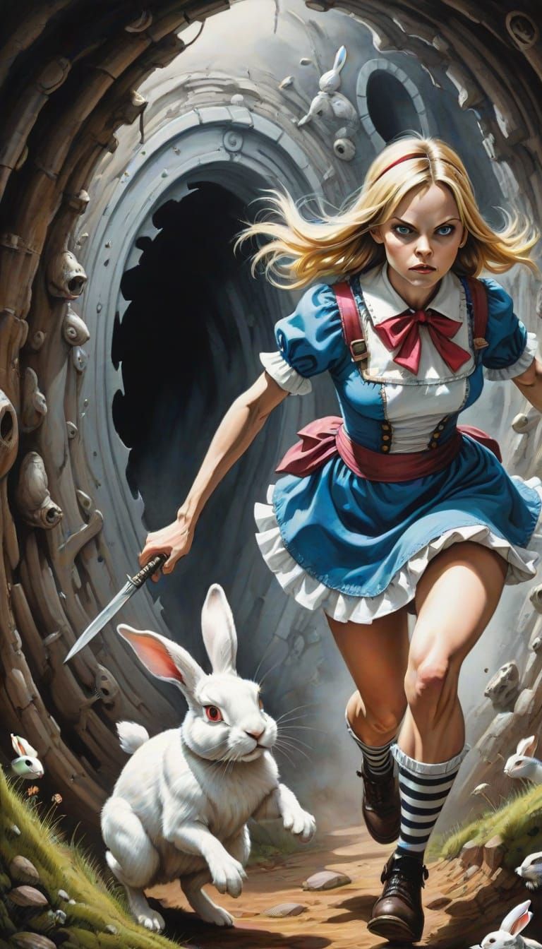 Alice Warrior Chases Rabbit: Detailed Ink Painting