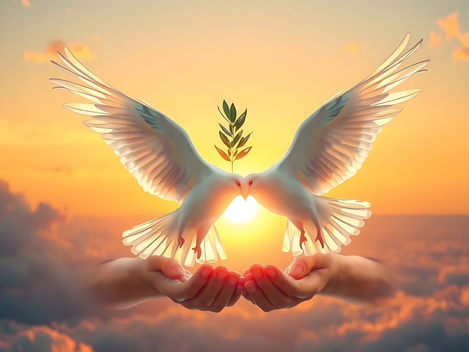 Surreal Peaceful Doves Soar into Vibrant Sunset