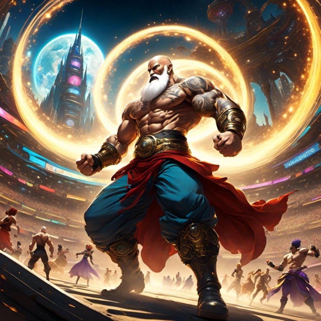 Anime Fighter Punches Opponent in Arena Setting