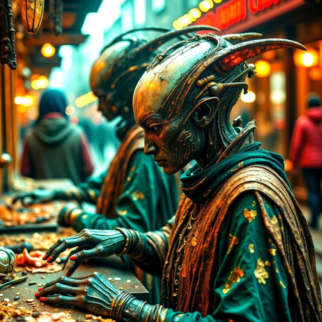 Dystopian Alien Market in Retro Pulp Art Style