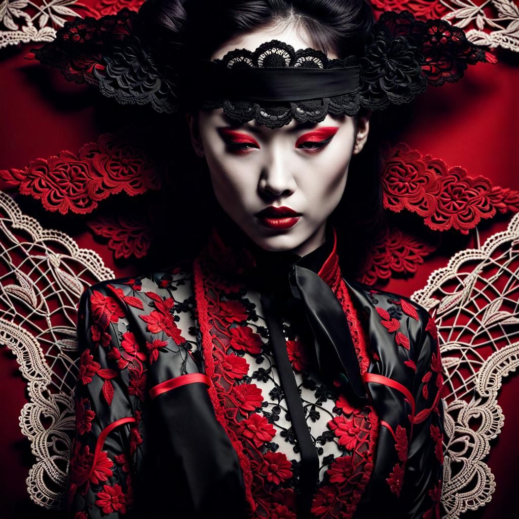 Korean Woman in Black Suit with Red Lace Blindfold