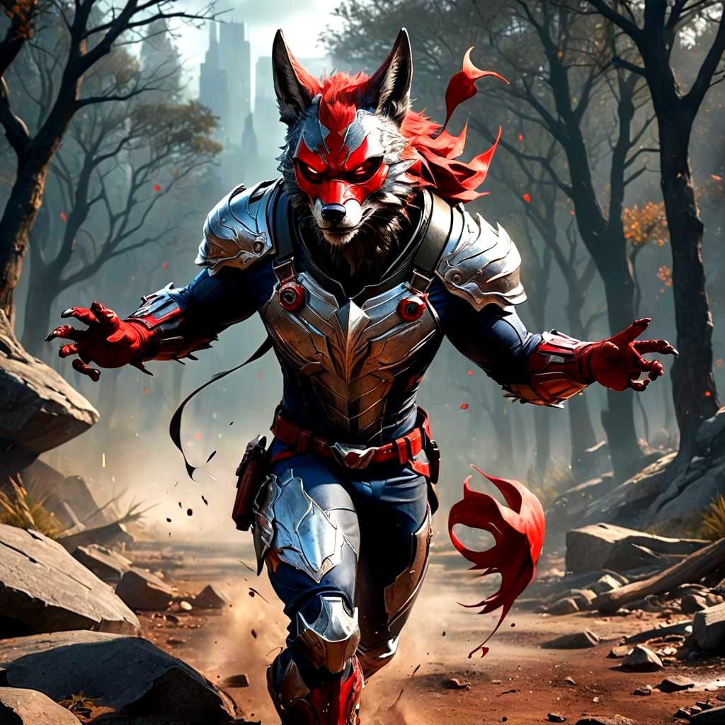 Wolf-Themed Superhero in Silver and Red Costume