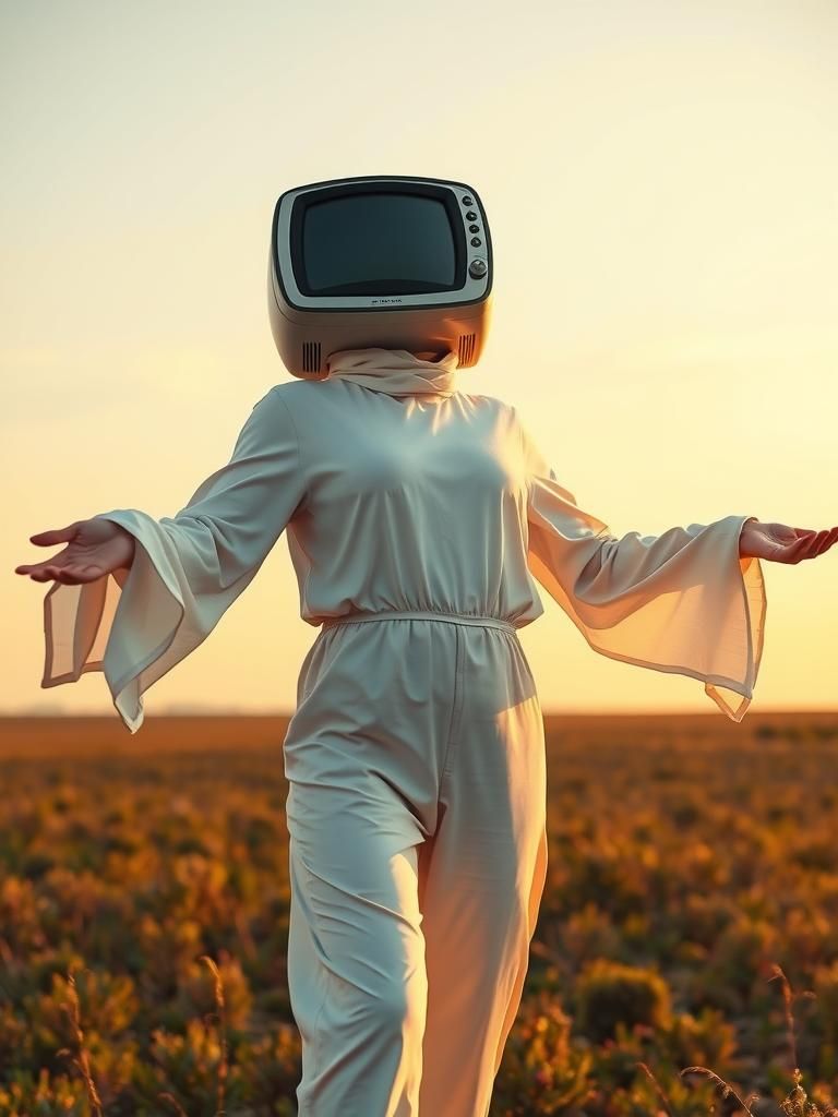 Figure with TV Head in Dreamlike Landscape
