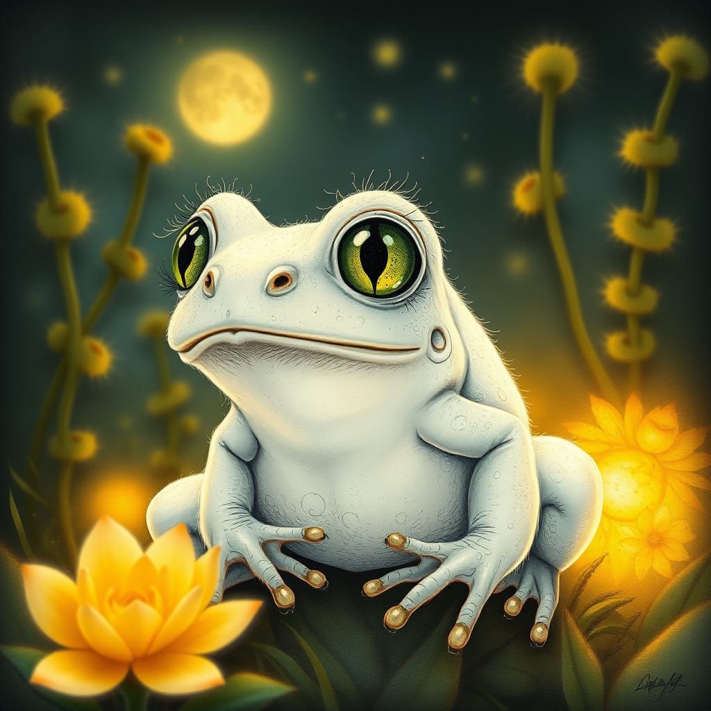 Dreamy White Frog in Moonlit Garden