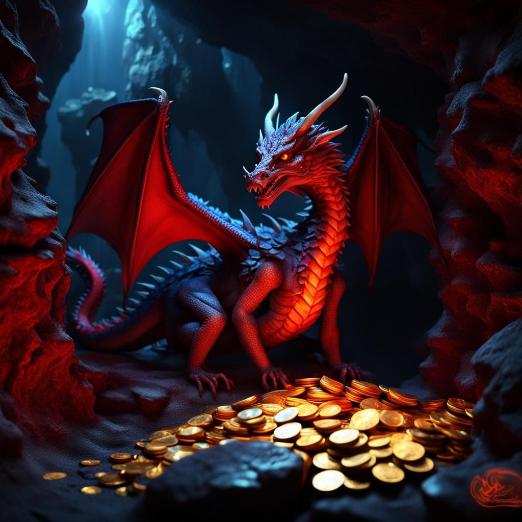 Red Dragon in Cave of Gold Coins