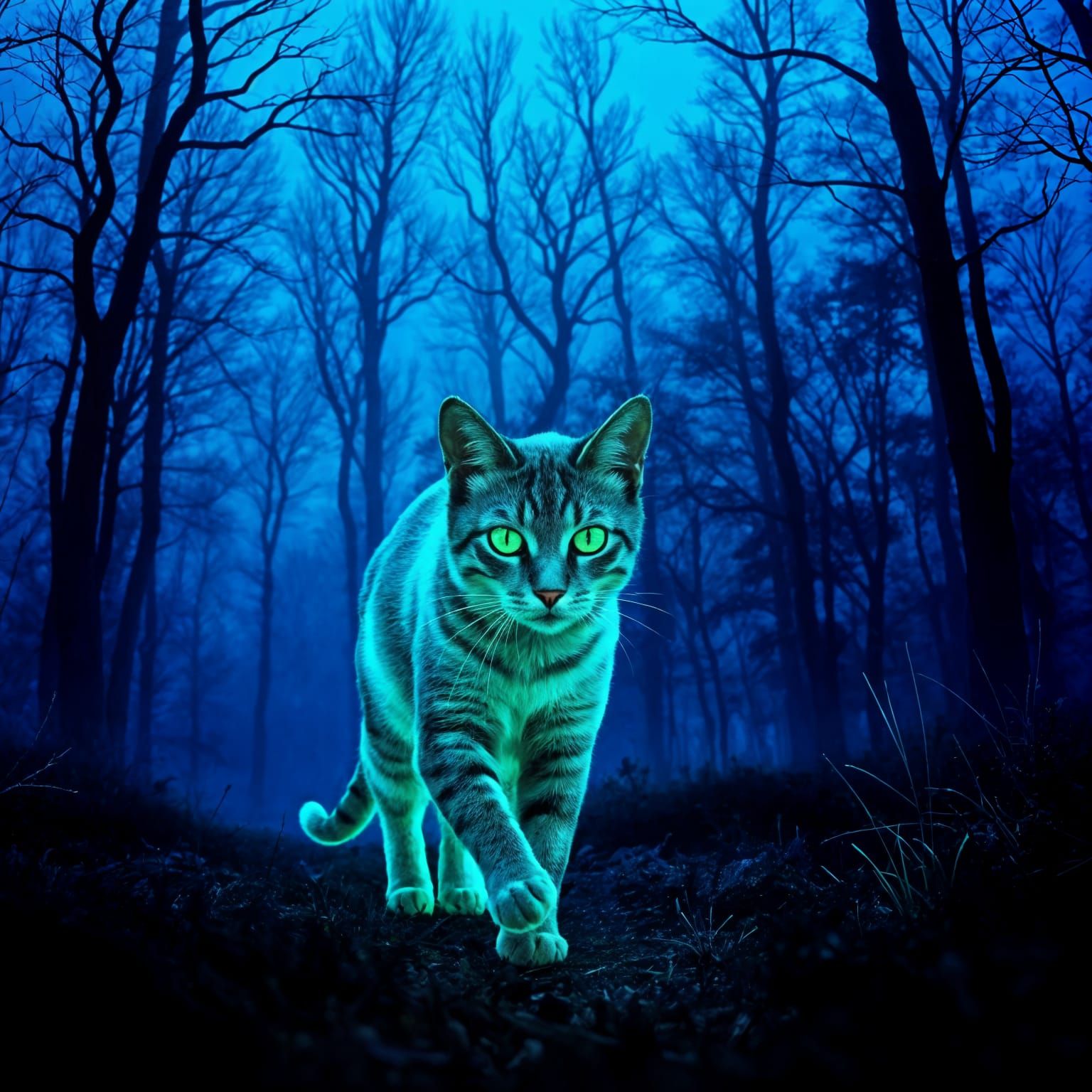 Fluorescent Norwegian Cat in Dark Autumn Forest