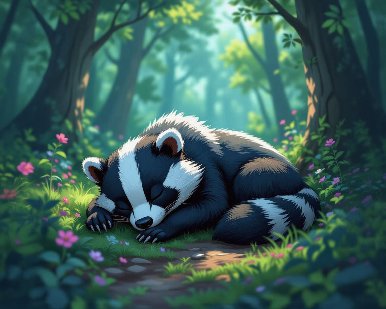 Sleeping Badger in Forest, Arcane Style Illustration