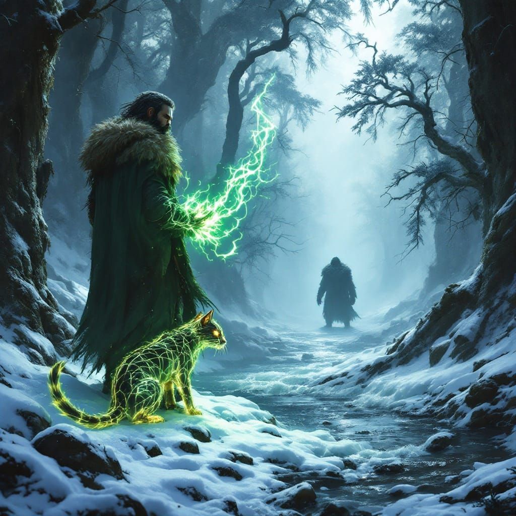 Semi-Realistic Fantasy Scene of Druid and Familiar in Frozen...