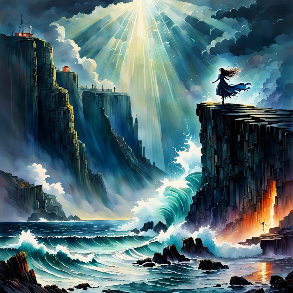 Fantasy Dancer on Cliffs with Ghost Ship