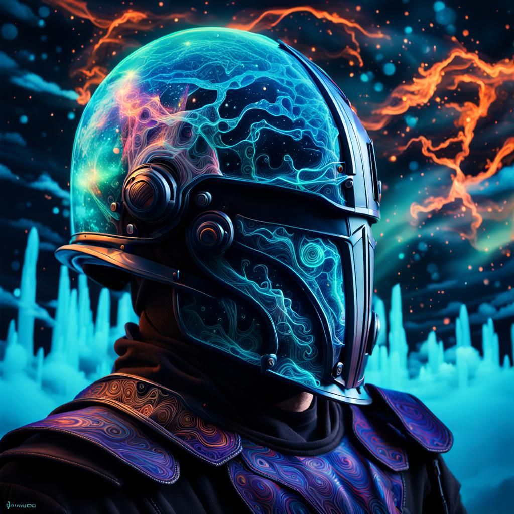 Knight with Psychedelic Bioluminescent Helmet