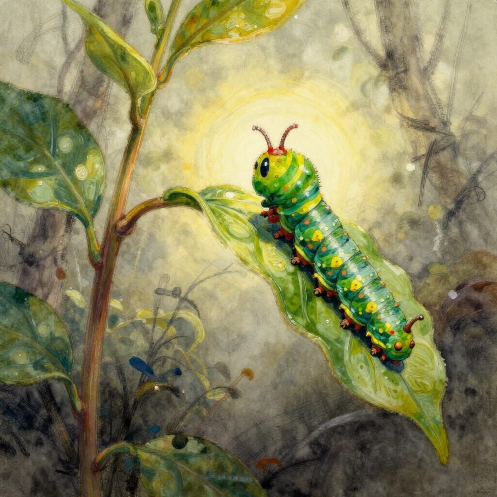 Caterpillar Reaches Final Leaf in Whimsical Fantasy Painting