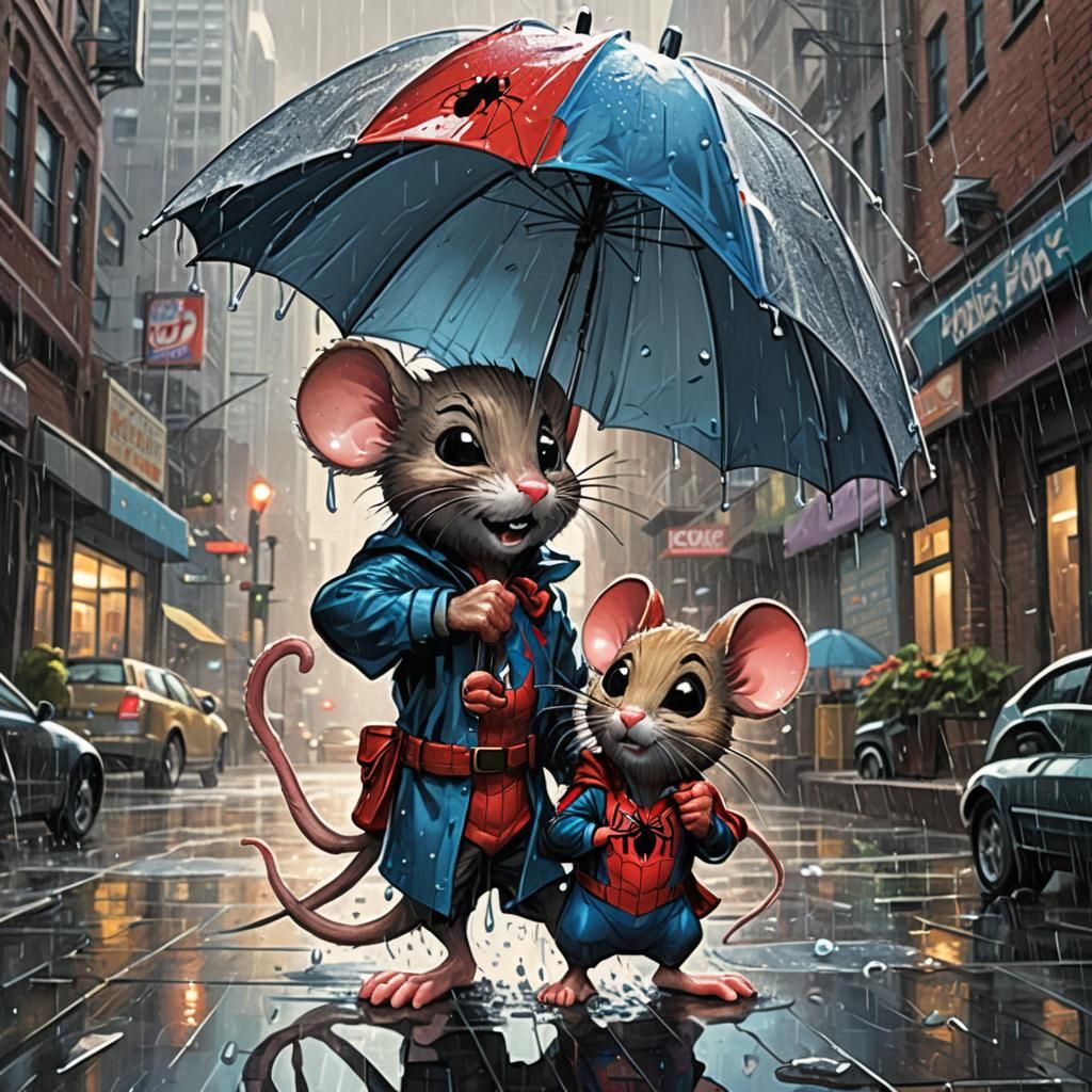Spider-Man and Mouse in Rainy Comic Book Art