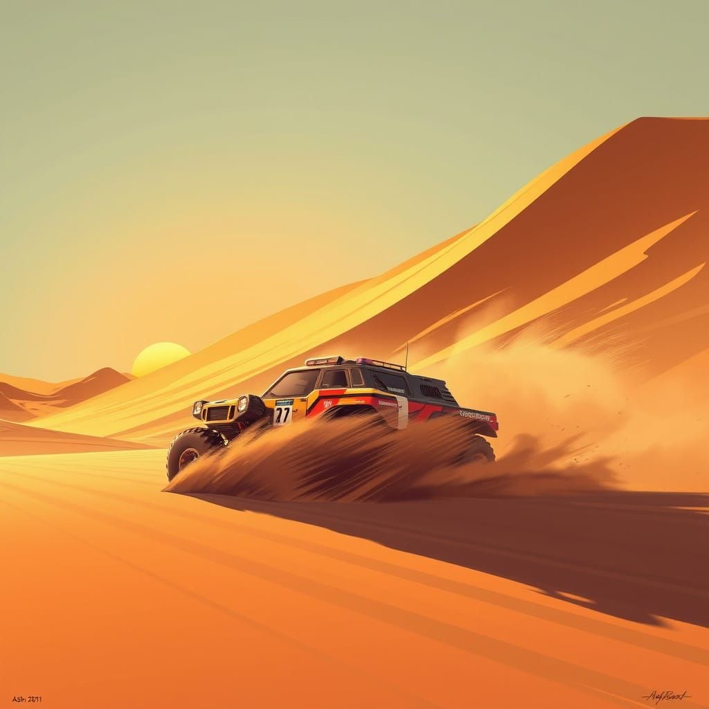 Futuristic Rally Truck Blazes Through Desert Sand Dune at Su...