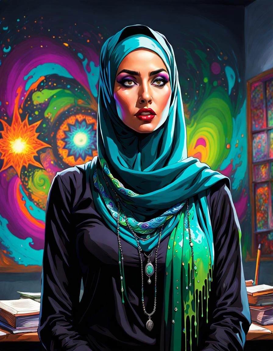 Angry Hijabi Teacher in Psychedelic Art Style