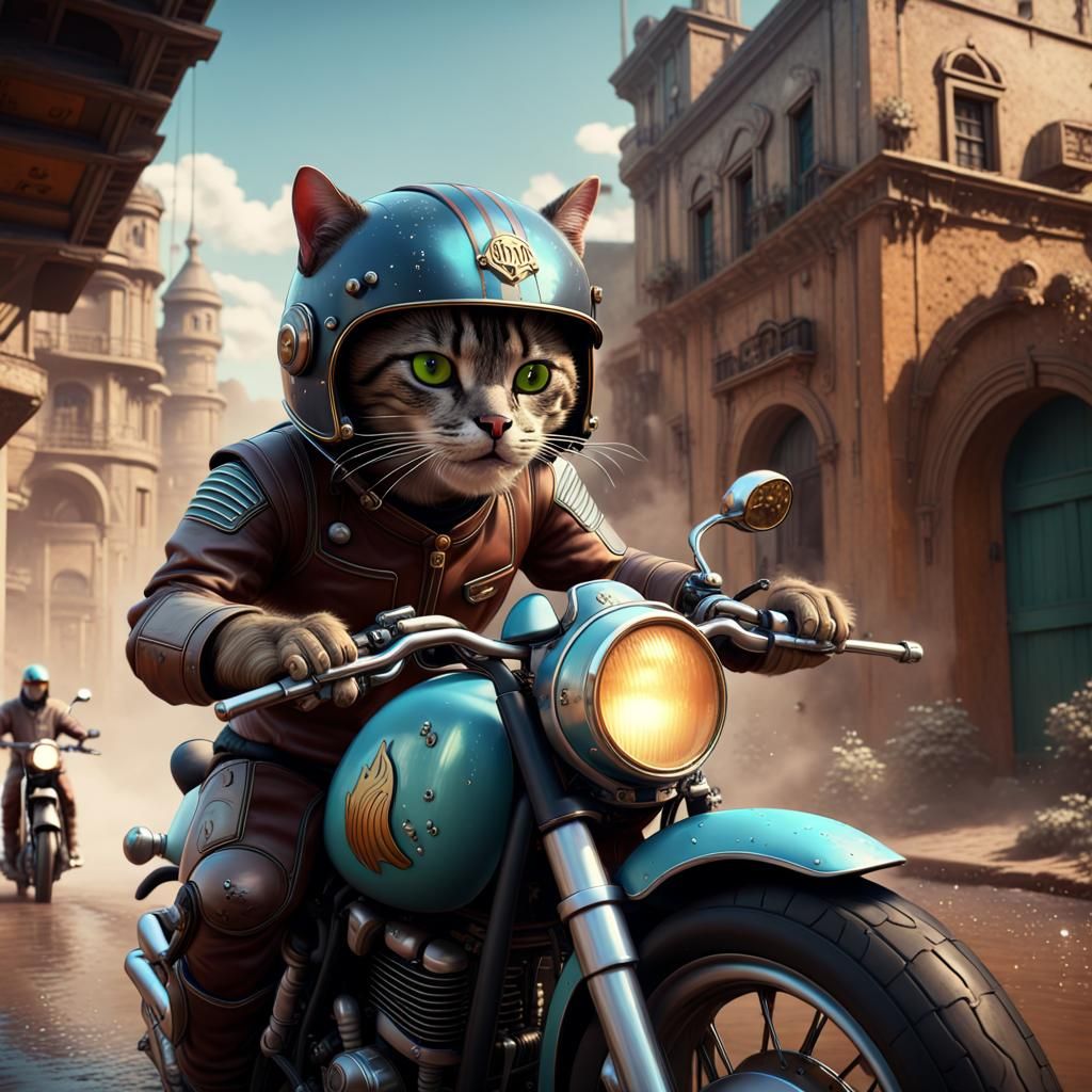 Cat Riding Motorcycle with Retro Helmet in HD
