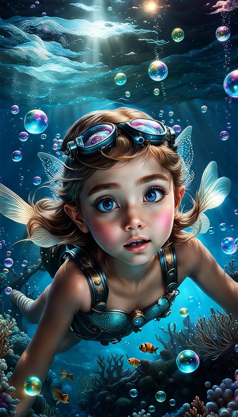 Underwater Waterpixie Playing with Bubbles in Metallic Gasca...