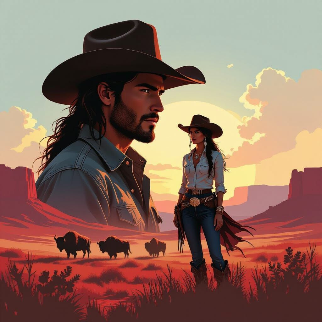 Cowboy and Princess Silhouette in Red Hill Town