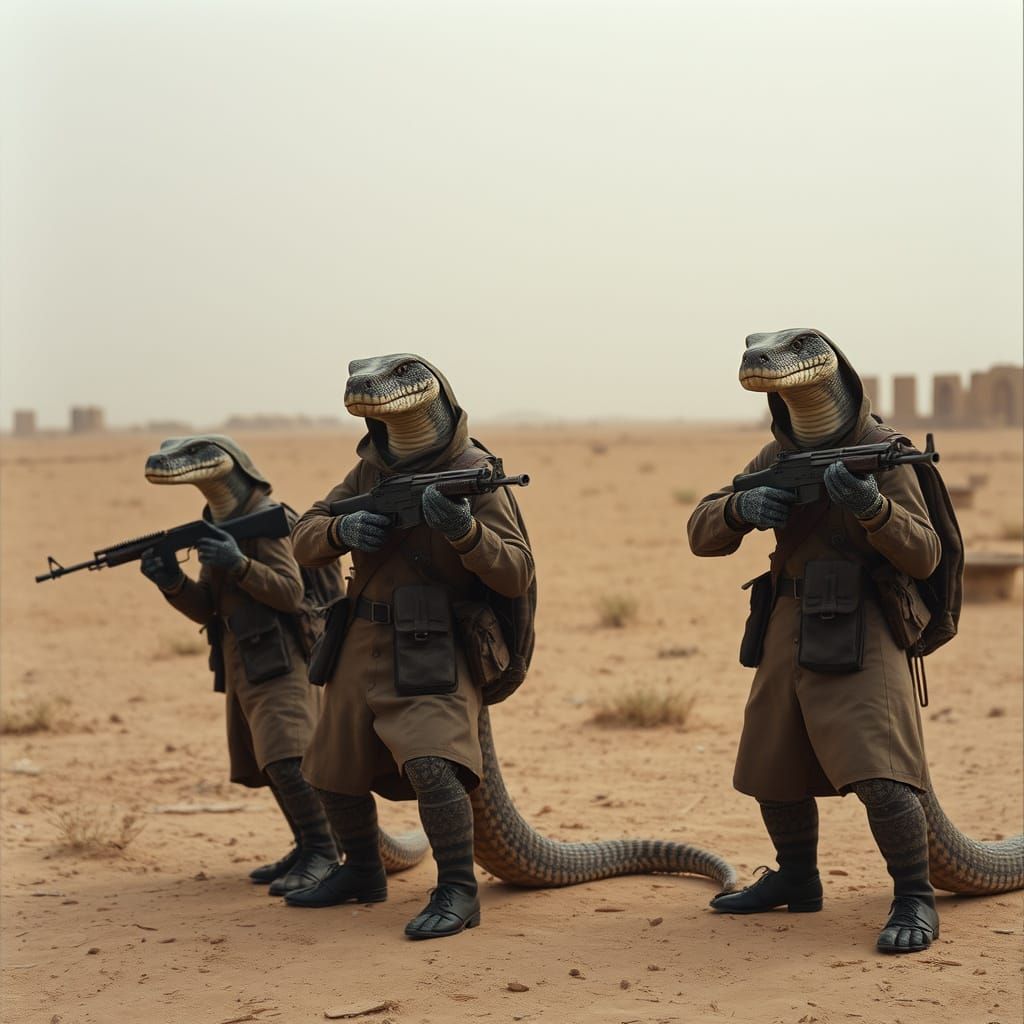 Anthropomorphic Pythons Guard Ruins in Cinematic Film Still
