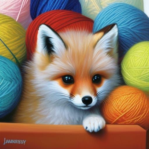 Fluffy Fox Cub with Yarn, Oil Painting