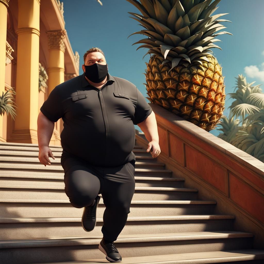 Pineapple Man Chasing Masked Figure: Fantasy Concept Art