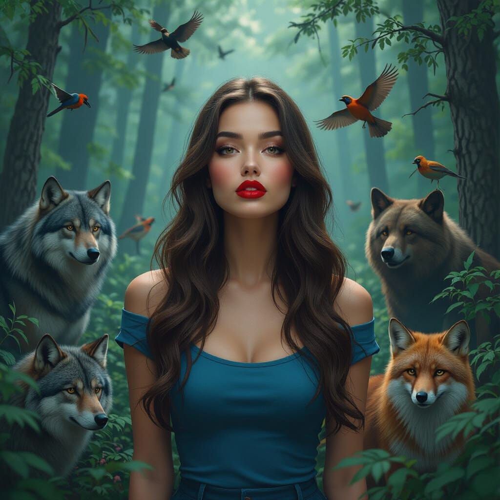 Woman in Forest with Animals: Photorealistic Digital Art