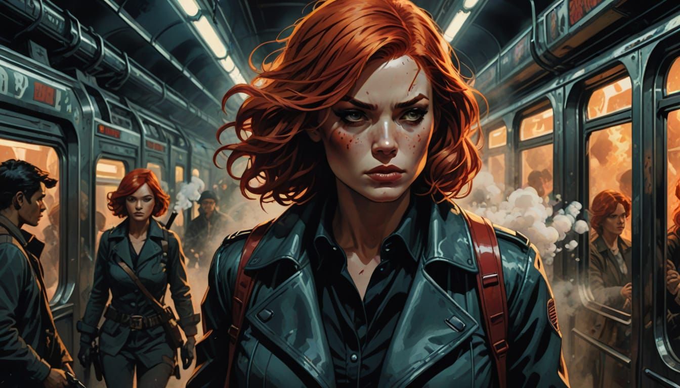 Red-Haired Woman in Subway, Comic Book Art