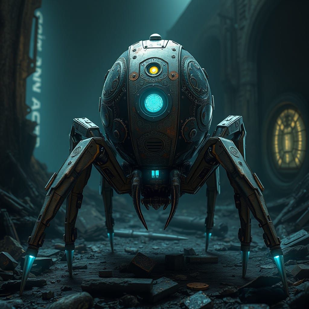Ancient Spider-Like Droid in Industrial, Biomechanical Style