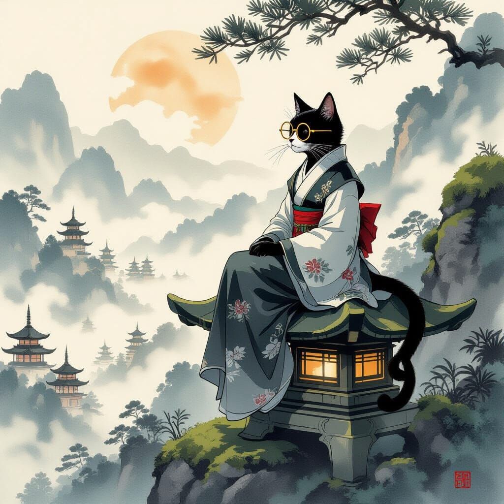 Anthropomorphic Cat Person Contemplates Valley in Ink Brush ...