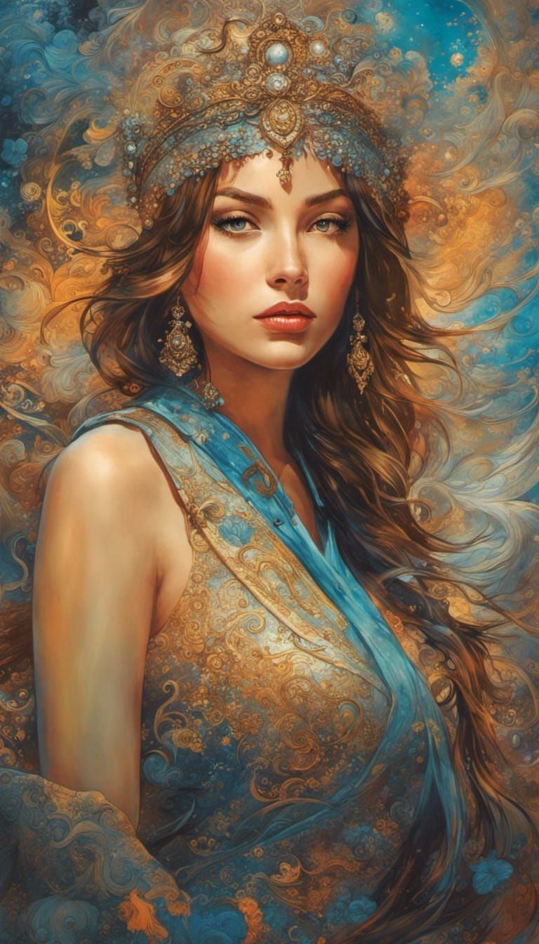 Detailed Female Portrait with Oil Splash in Gouache Style