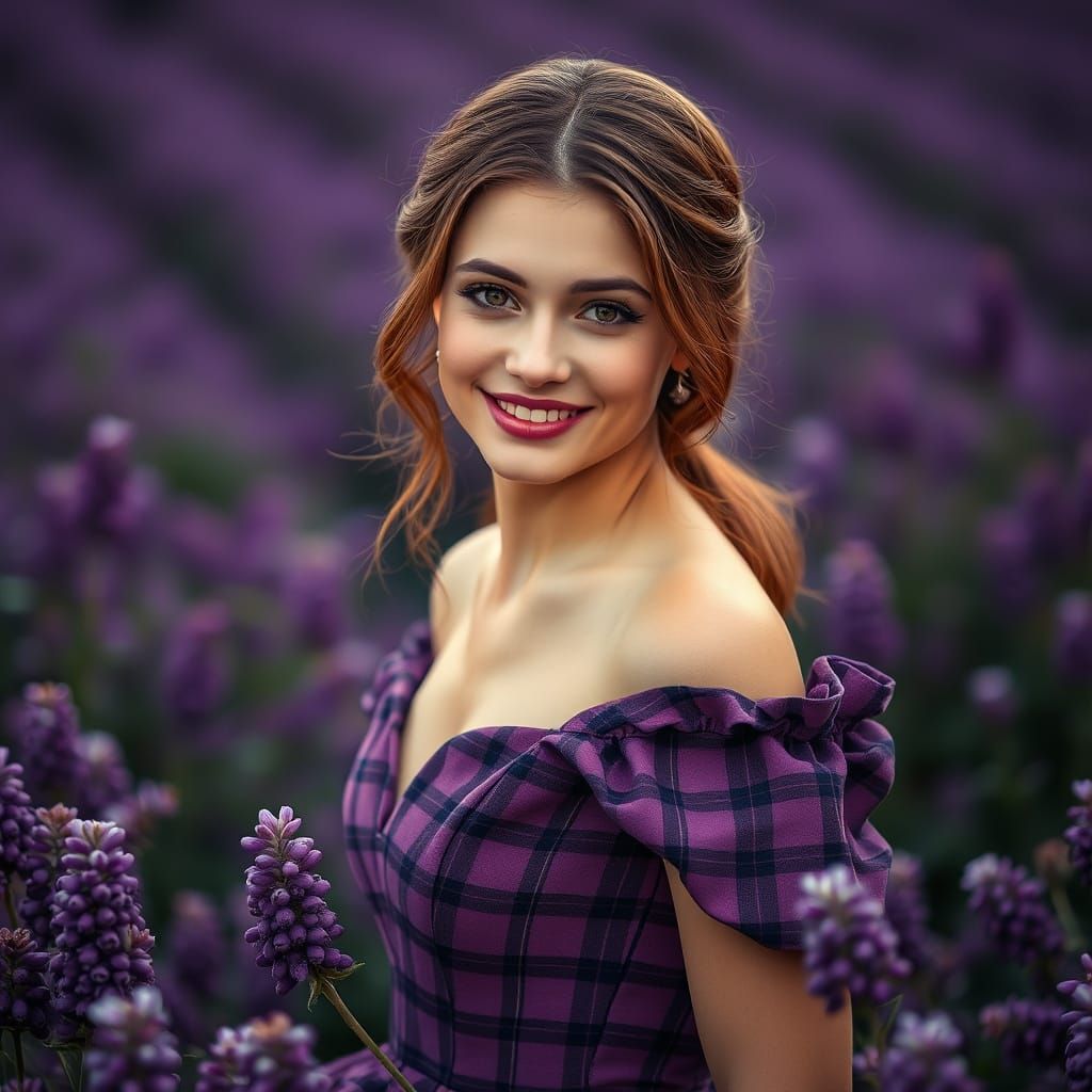 Elegant Woman in Lavender Field, in Hyperrealistic Style