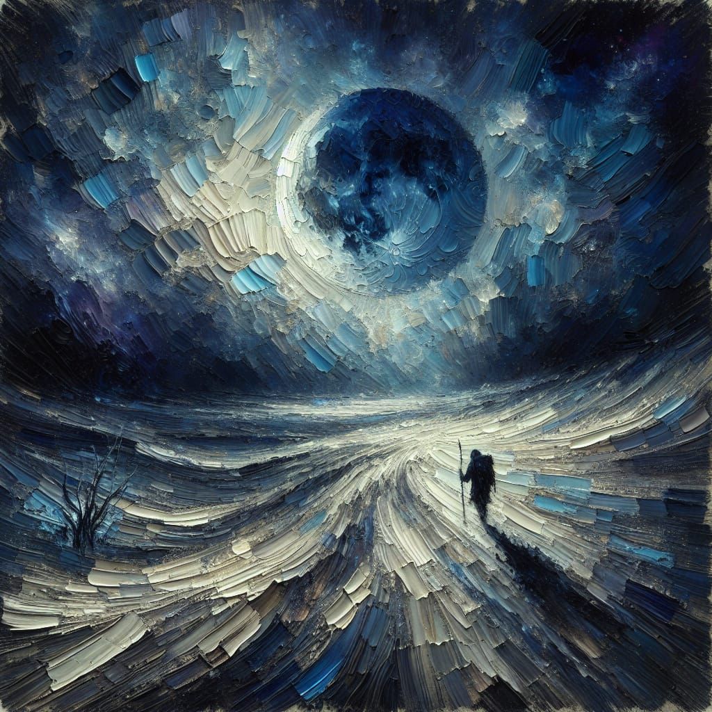 Emotive Desert Wanderer Under Fractured Moon Oil Painting