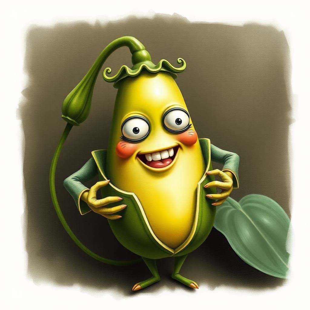 Whimsical Anthropomorphic Pea Character Illustration
