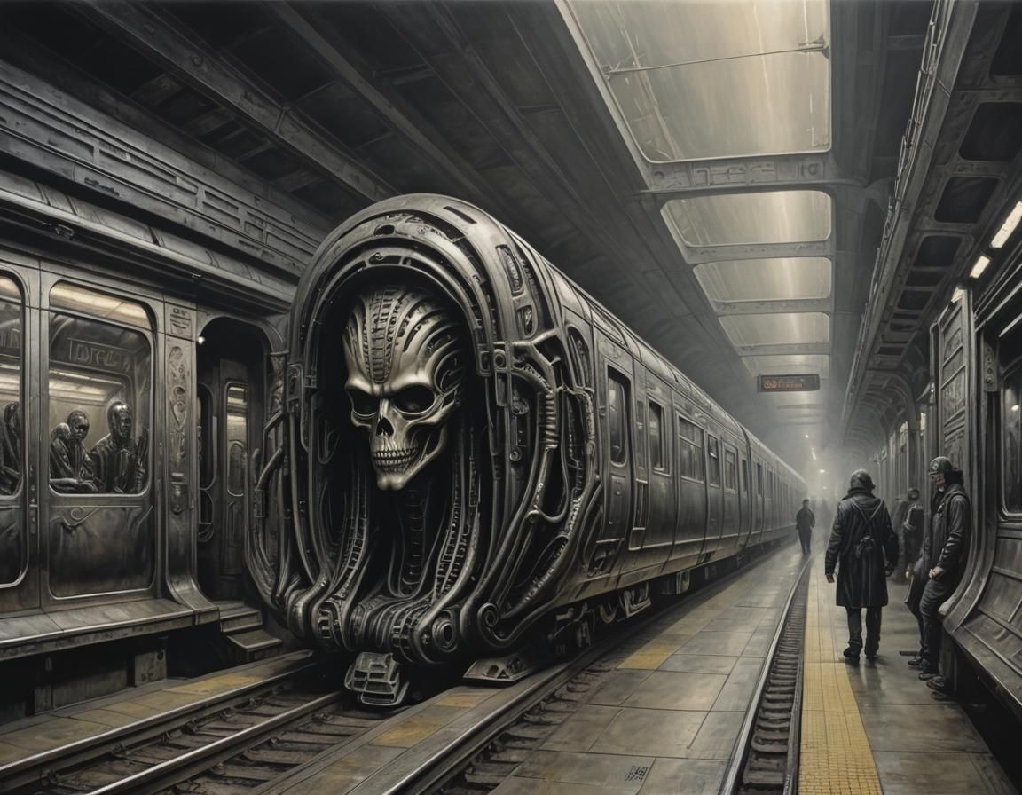 Biomechanical Train Arriving at Subway Station