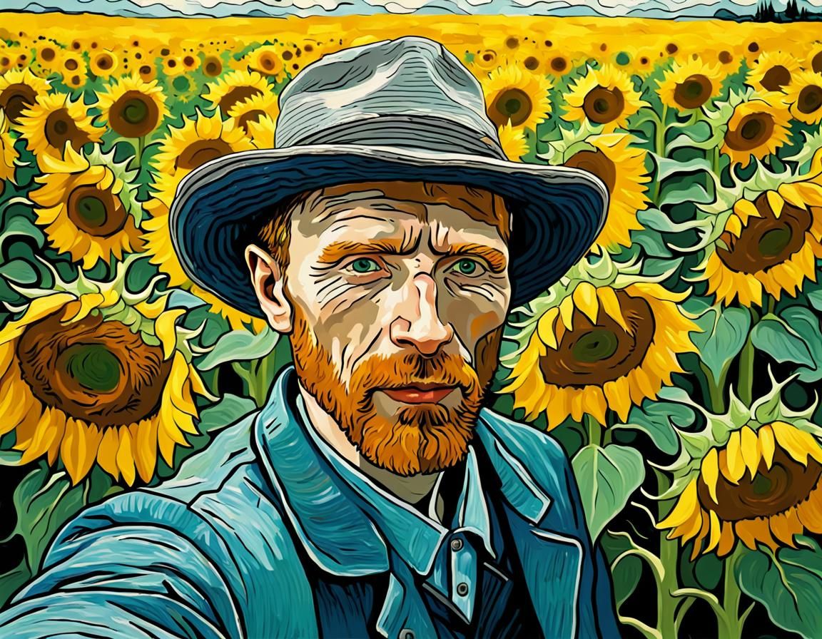 Van gogh taking a selfie in a field of sunflowers