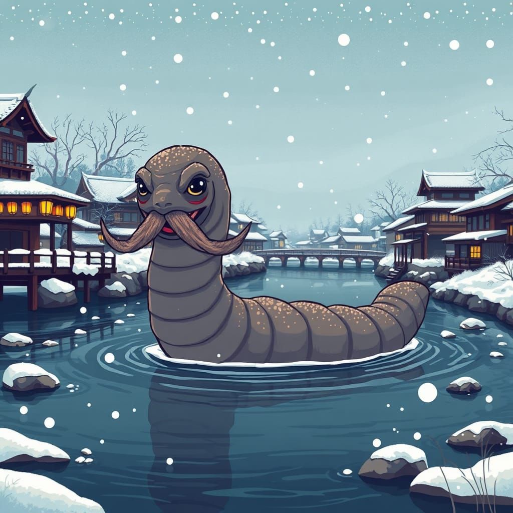 Ukiyo-e Pixel Art Worm in Winter River