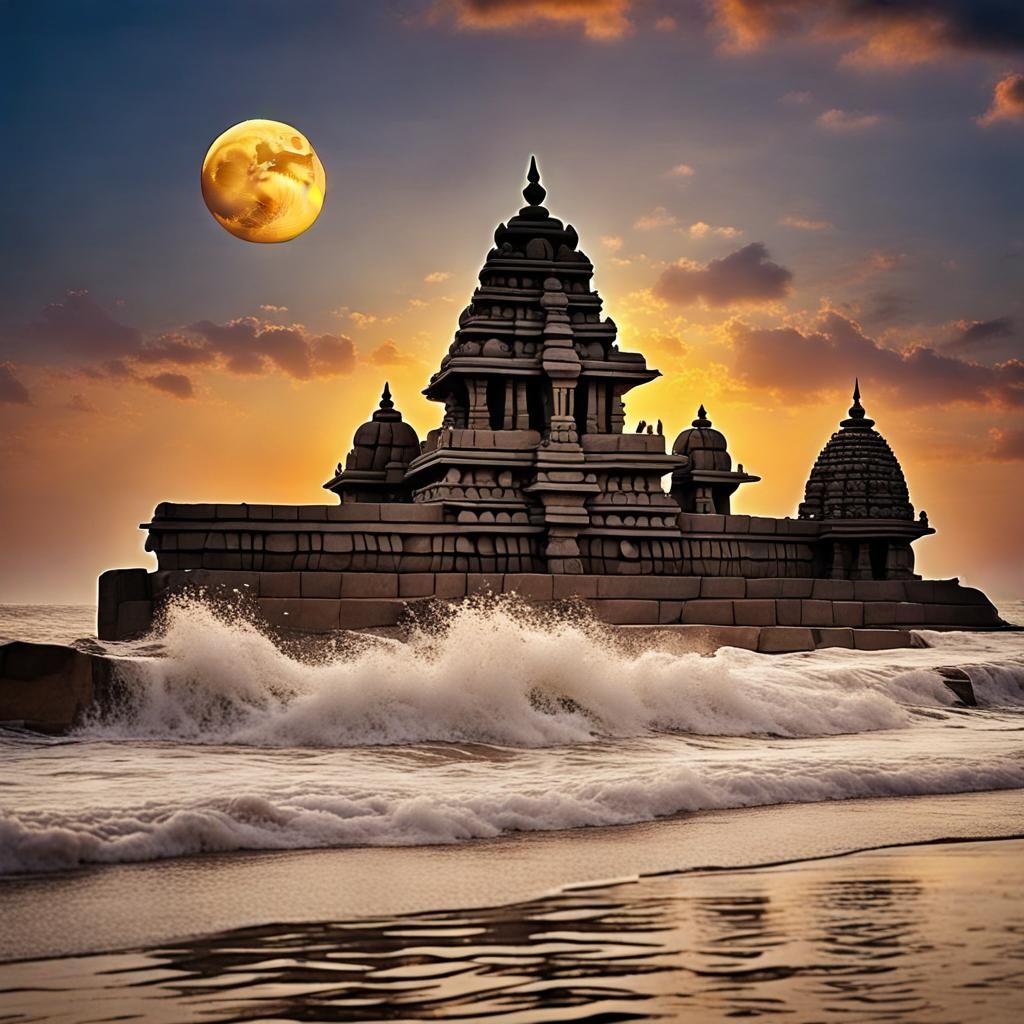 Majestic Shore Temple at Sunset and Moonrise