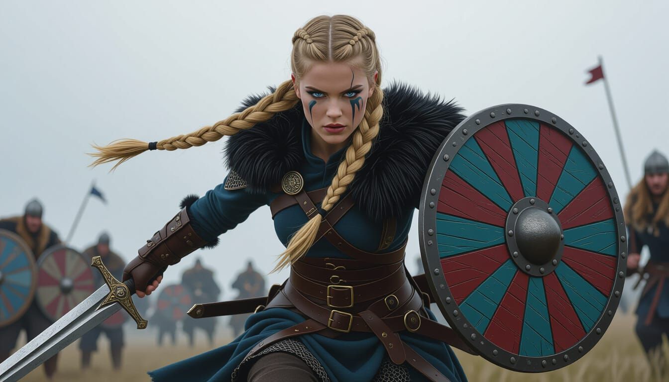 Viking Shield Maiden Warrior Charging in Semi-Anime Style