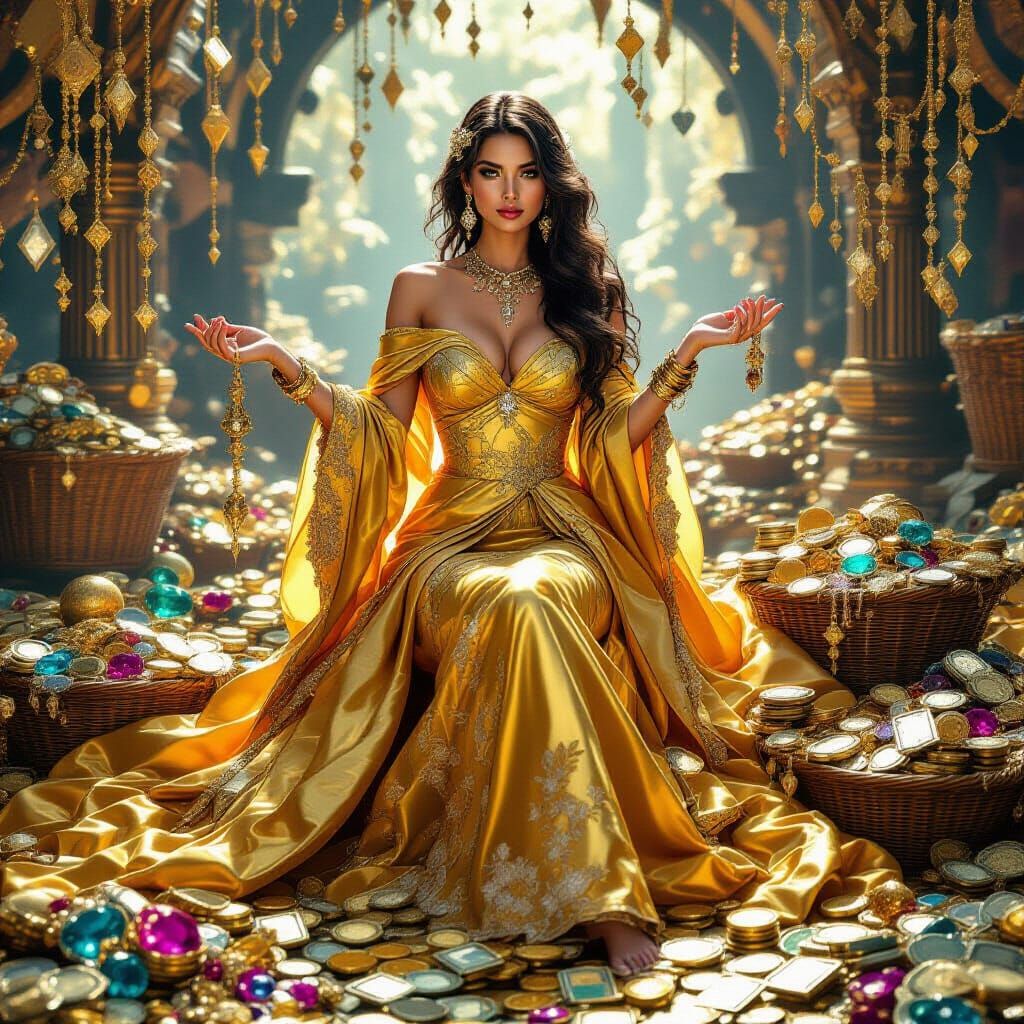 Golden Gown Woman Surrounded by Treasure