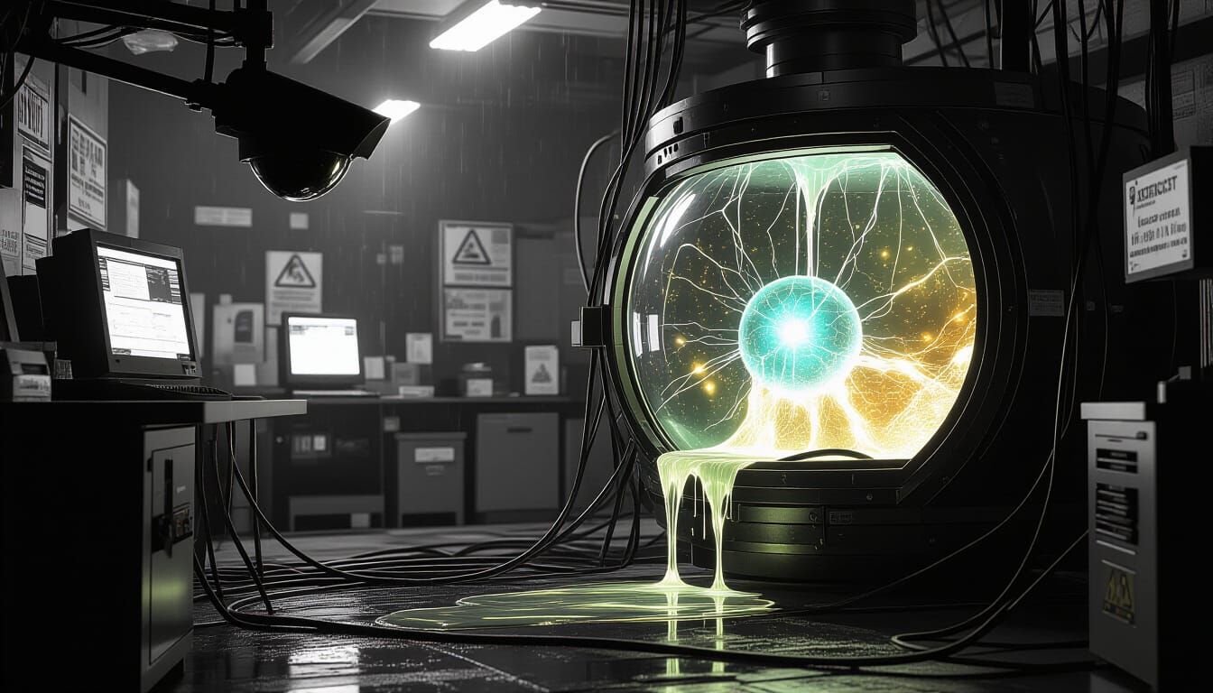 Leaking Containment Tank in High-Tech Lab, Black and White