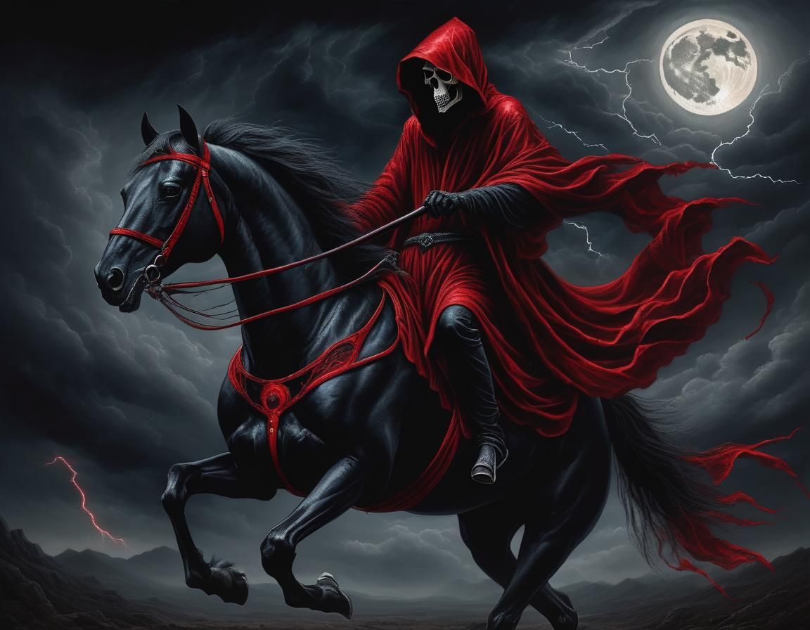 Grim Reaper on Black Horse Under Red Moon